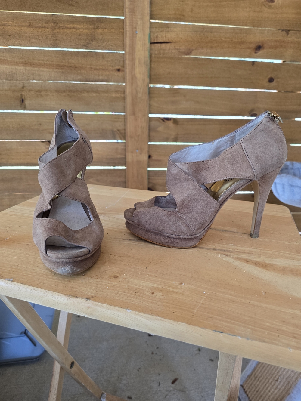 Michael Kors Taupe Suede Crisscross Peep Toe Heels